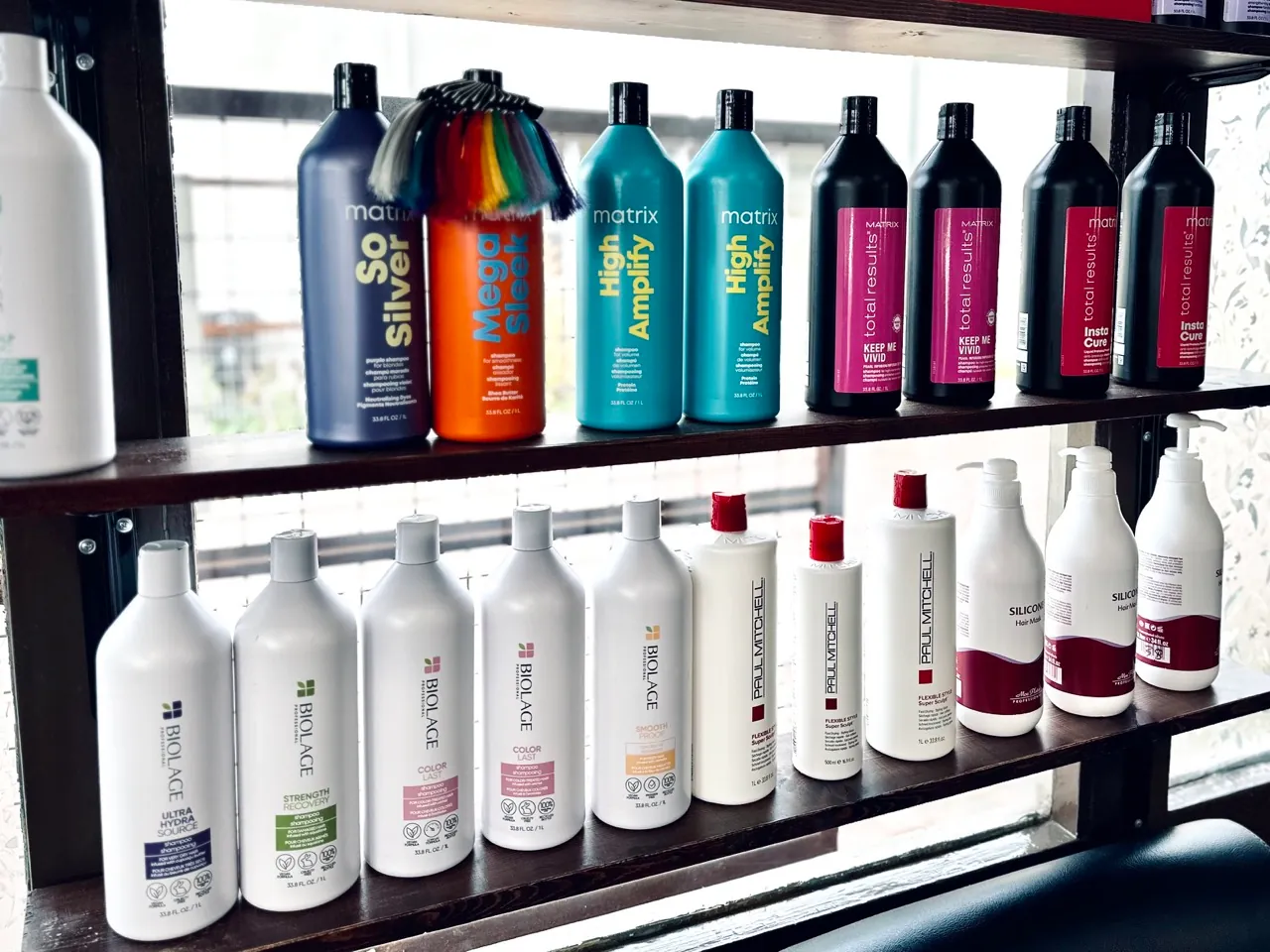Hair care products on the shelves at Angelica's Beauty Salon